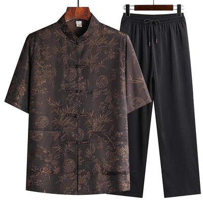 Buddha Stones Bamboo Peach Blossom Tang Suit Hanfu Traditional Uniform Short Sleeve Top Pants Clothing Men's Set Men's Meditation Cloth BS Brown(Top&Pants) 42/3XL