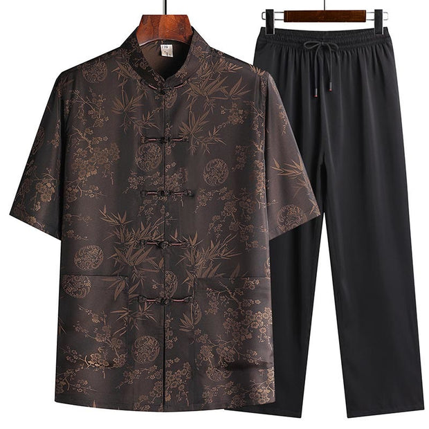 Buddha Stones Bamboo Peach Blossom Tang Suit Hanfu Traditional Uniform Short Sleeve Top Pants Clothing Men's Set