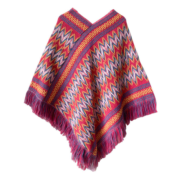 Buddha Stones Tibetan Shawl Striped Knitted Tassels Pullover Winter Cozy Travel Scarf Wrap