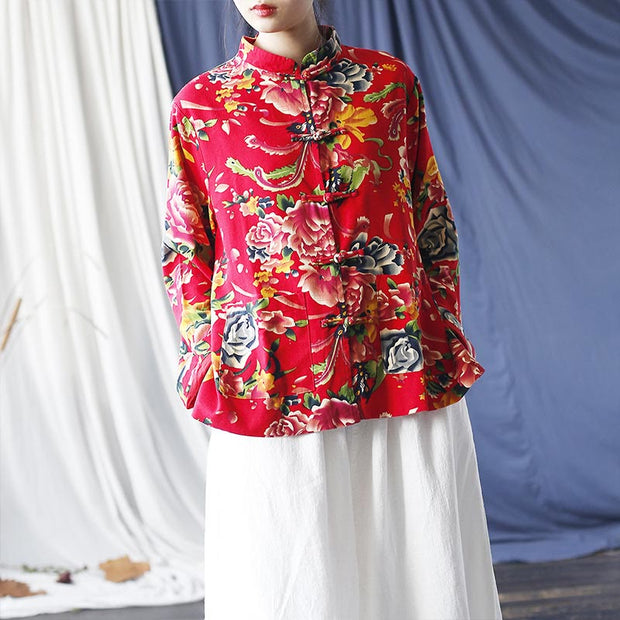 Buddha Stones Ethnic Red Flower Peony Frog-Button Cotton Linen Long Sleeve Shirt Jacket With Pockets 16