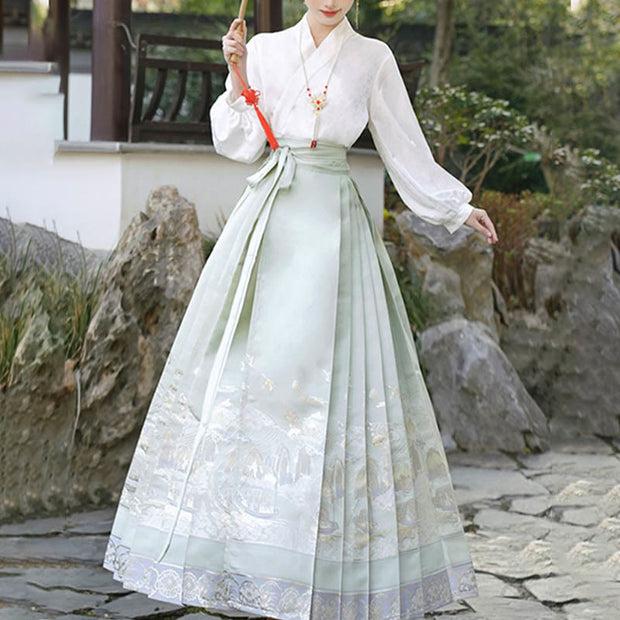Buddha Stones Long Sleeve T-Shirt Top Tee Chinese Hanfu Flowers Horse Face Skirt Mamianqun