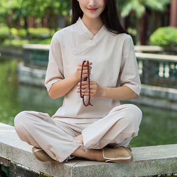 Buddha Stones 2Pcs Half Sleeve V-Neck Shirt Top Pants Meditation Zen Tai Chi Linen Clothing Women's Set Women's Meditation Cloth BS 1