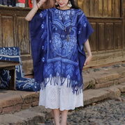 Buddha Stones Blue Tie Dye Koi Fish Shawl Tassels Soft Travel Pullover 90*95cm 10