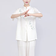 Buddha Stones White Flowers Embroidery Meditation Prayer Spiritual Zen Tai Chi Qigong Practice Unisex Clothing Set 12