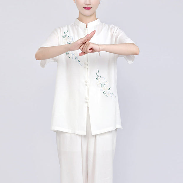 Buddha Stones White Flowers Embroidery Meditation Prayer Spiritual Zen Tai Chi Qigong Practice Unisex Clothing Set