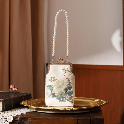 Buddha Stones Small Flowers Butterfly Embroidered Pearl Metal Chain Shoulder Bag Crossbody Handbag Cellphone Bag