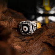 Buddha Stones 925 Sterling Silver Zakiram Goddess of Wealth Design Dzi Bead Protection Ring Ring BS 4