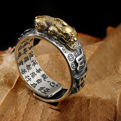 Buddha Stones Tibetan 990 Sterling Silver Om Mani Padme Hum PiXiu Dorje Vajra Heart Sutra Engraved Wealth Ring Ring BS Gold PiXiu