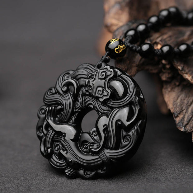 Buddha Stones Natural Black Obsidian Peace Buckle Pixiu Purification Necklace Pendant Necklaces & Pendants BS 1