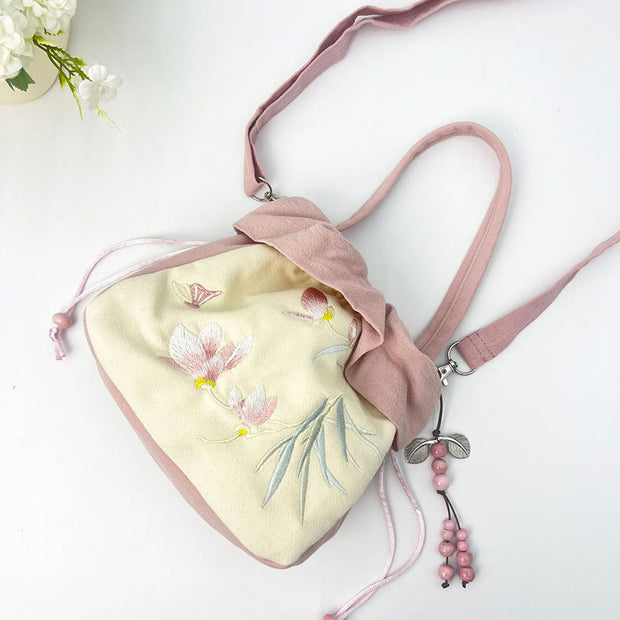 Buddha Stones Suzhou Embroidery Lotus Epiphyllum Magnolia Cotton Linen Tote Crossbody Bag Shoulder Bag Handbag 24