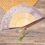 Buddha Stones Spring Flowers Branches Handheld Silk Bamboo Folding Fan 22cm 2