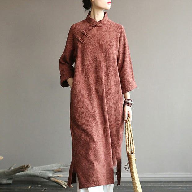 Buddha Stones Flower Jacquard Midi Dress Long Sleeve Cotton Linen Dress Wide Leg Pants With Pockets 47.