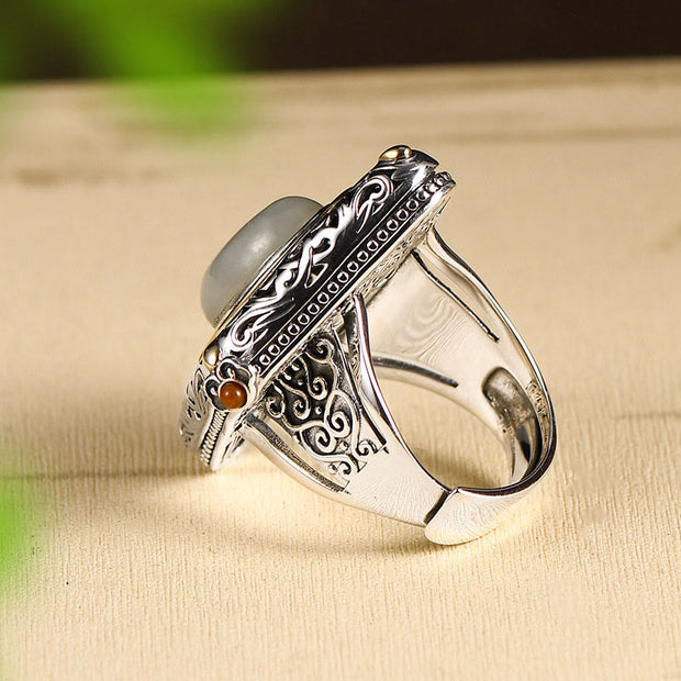 Buddha Stones 925 Sterling Silver Rhombus Design Hetian Jade Luck Necklace Pendant Ring Set