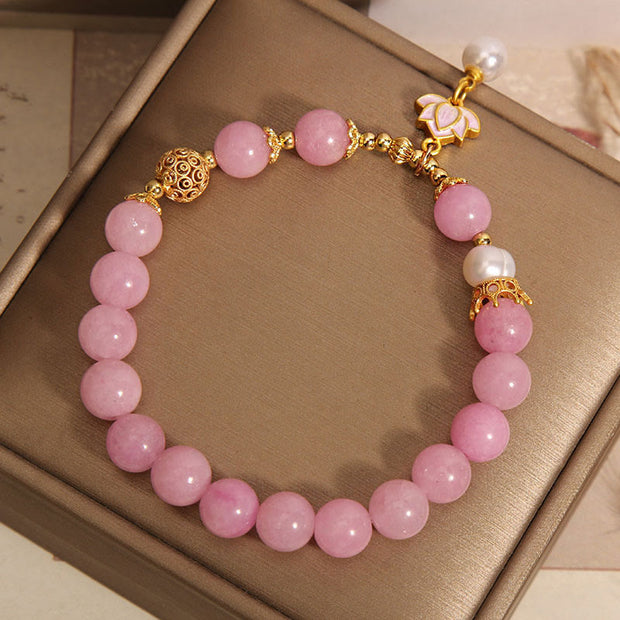 Buddha Stones Pink Jade Pearl Lotus Charm Harmony Bracelet Bracelet BS 4