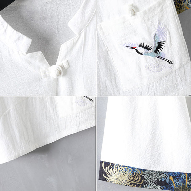 Buddha Stones Crane Embroidery Frog-Button Chinese Tang Suit Short Sleeve Shirt Cotton Linen Men Clothing