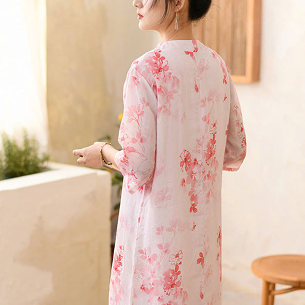 Buddha Stones Flowers Print Cheongsam Midi Dress Ramie Linen Half Sleeve Dress With Pockets