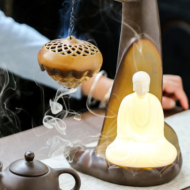 Buddha Stones Led Buddha Hand Backflow Smoke Fountain Healing Ceramic Stick Incense Burner Decoration Incense Burner BS 6