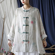 Buddha Stones White Red Flowers Green Leaves Frog-Button Long Sleeve Ramie Linen Jacket Shirt 24