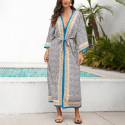 Buddha Stones Summer Coconut Leaves Maxi Dress Cover-Up Open Front Belted Kimono