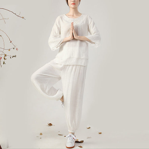 Buddha Stones 2Pcs Long Sleeve Frog-Button Meditation Prayer Zen Practice Tai Chi Uniform Clothing Women's Set Clothes BS White Crew-Neck(Top&Pants) US12/XXL