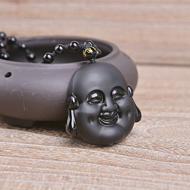 Buddha Stones Natural Black Obsidian Laughing Buddha Purification Necklace Pendant