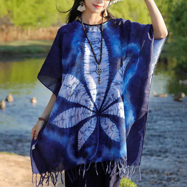 Buddha Stones Blue Batik Shawl Tassels Maple Leaf Cozy Travel Pullover 95*90cm 2
