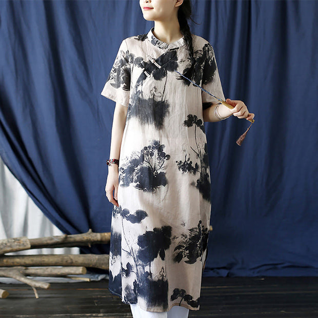 Buddha Stones Ramie Linen Ink Lotus Leaf Cheongsam Dresses Short Sleeve Dress 20