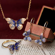 Buddha Stones Blue Butterfly Copper Freedom Necklace Pendant Earrings Ring Set Bracelet Necklaces & Pendants BS 3Pcs(Necklace Earrings&Ring)