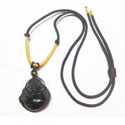 Buddha Stones Natural Black Obsidian Ice Obsidian Laughing Buddha Purification Necklace Pendant Necklaces & Pendants BS Ice Obsidian Brown Rope