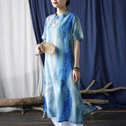 Buddha Stones Ramie Blue Digital Printing Cheongsam Dresses Short Sleeve Linen Dress 11