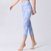 Buddha Stones Leaves Butterfly Print Sports Yoga Cropped Leggings Women's Yoga Capri Pants Women's Capri Pants BS LightCyan XL(Fit for US8-10; UK/AU12-14; EU40-42)