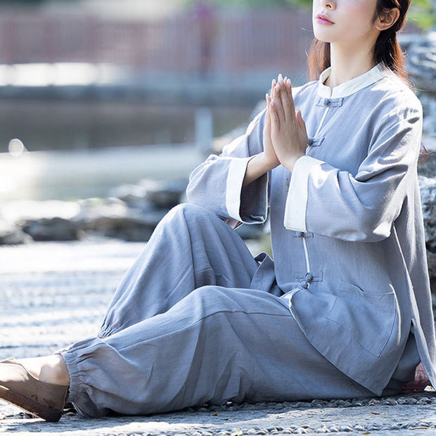 Buddha Stones Frog-Button Meditation Prayer Spiritual Zen Practice Tai Chi Uniform Clothing Women's Set Clothes BS 9