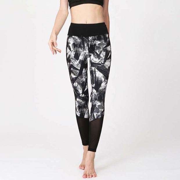 Buddha Stones White Black Ink Brush Lines Print Sports Fitness Mesh Leggings Women's Yoga Pants