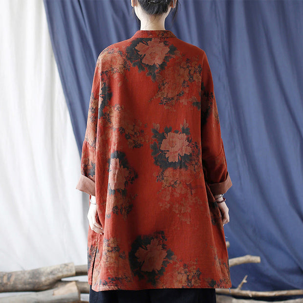 Buddha Stones Orange Peony Flower Cotton Linen Frog-Button Open Front Jacket With Pockets 4
