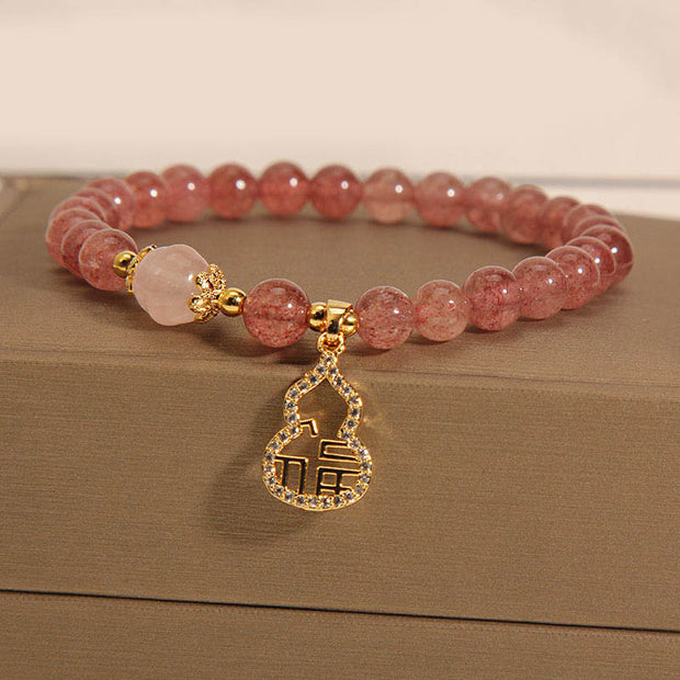 Buddha Stones Strawberry Quartz Gourd Fu Character Charm Positive Bracelet Bracelet BS 9