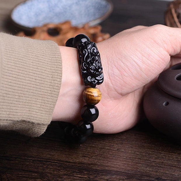 Buddha Stones Natural Black Obsidian PiXiu Tiger's Eye Strength Bracelet Bracelet BS 12