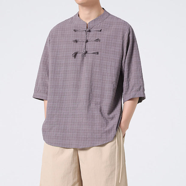 Buddha Stones Frog-Button Plaid Pattern Chinese Tang Suit Half Sleeve Shirt Cotton Linen Men Clothing Men's Shirts BS 18