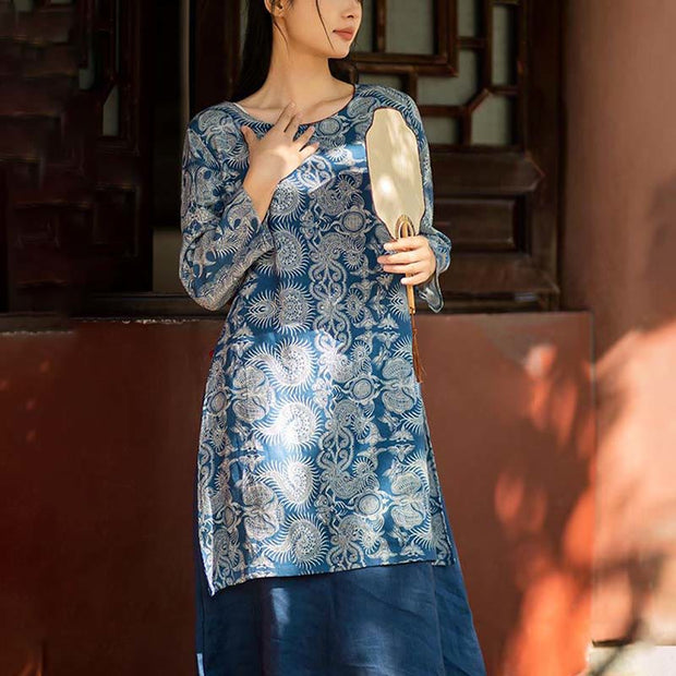 Buddha Stones Blue White Flower Pattern Midi Dress Linen Three Quarter Sleeve Dress With Pockets 8