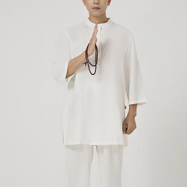 Buddha Stones 2Pcs Buttons Men's Three Quarter Sleeve Shirt Top Pants Meditation Zen Tai Chi Cotton Linen Clothing Set 2