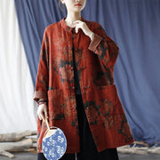 Buddha Stones Orange Peony Flower Cotton Linen Frog-Button Open Front Jacket With Pockets 25