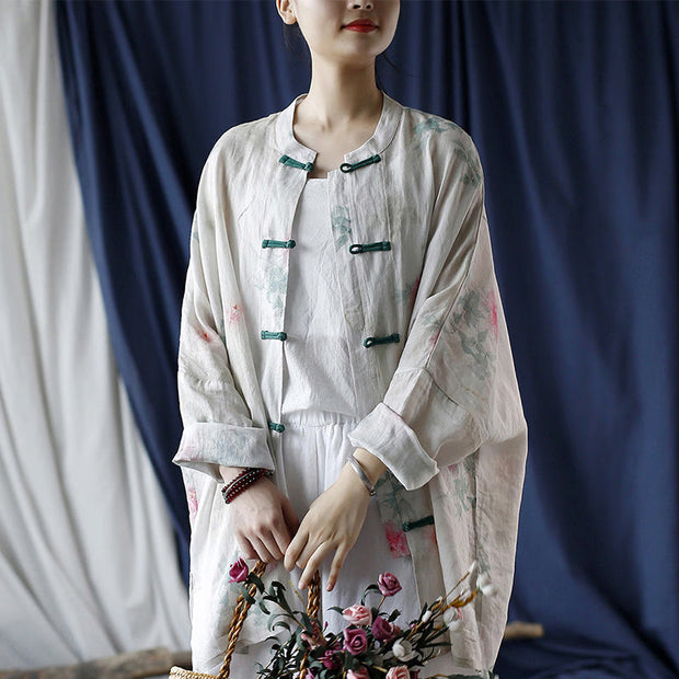 Buddha Stones White Red Flowers Green Leaves Frog-Button Long Sleeve Ramie Linen Jacket Shirt 5