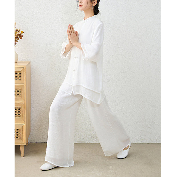 Buddha Stones 2Pcs Simple Chinese Frog Button Design Top Pants Meditation Yoga Zen Tai Chi Cotton Clothing Women's Set Clothes BS 21