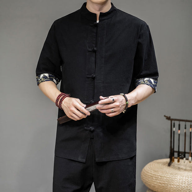 Buddha Stones Frog-Button Chinese Tang Suit Half Sleeve Crane Shirt Jacket Linen Men Clothing