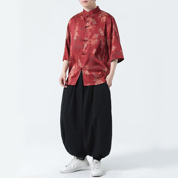 Buddha Stones Bamboo Leaves Pattern Chinese Half Sleeve Shirt Men T-shirt