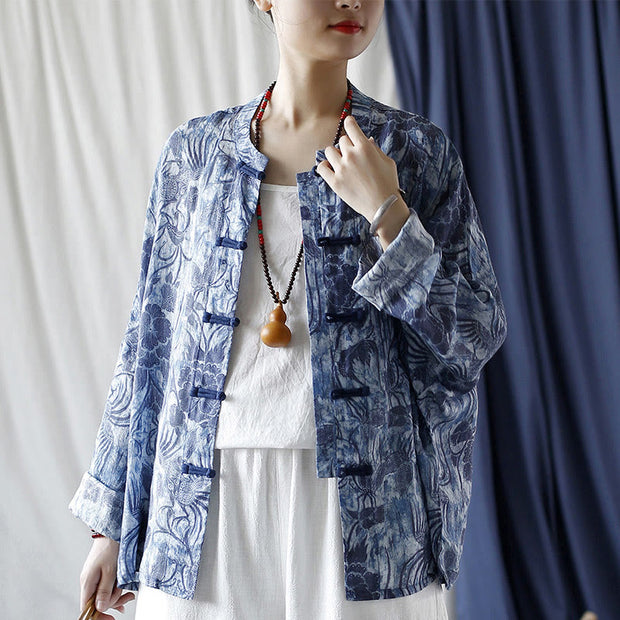 Buddha Stones Retro Blue White Flowers Frog-Button Design Long Sleeve Ramie Linen Jacket Shirt 19
