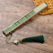 Buddha Stones Green Leaves Handheld Silk Bamboo Folding Fan