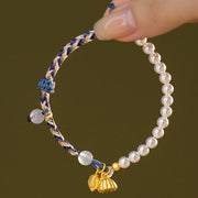 Buddha Stones 925 Sterling Silver Lotus Pearl Colorful Rope Chalcedony Prosperity Bracelet