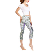 Buddha Stones Lotus Cherry Blossom Gradient Peacock Print Lycra Fabric Sports Cropped Leggings Women's Yoga Capri Pants Women's Capri Pants BS 12