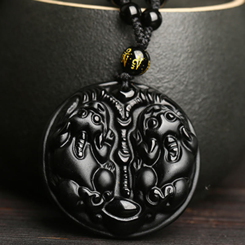 Buddha Stones Black Obsidian Double Pixiu Bead Rope Purification