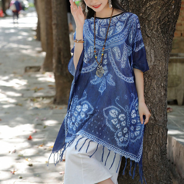 Buddha Stones Blue Butterfly Indigo Dyeing Shawl Tassels Cozy Travel Pullover 90*95cm 4